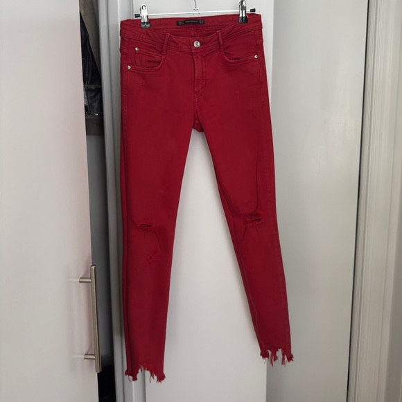 Zara Trafaluc Denimwear Red Distressed Ankle Skinny - Picture 1 of 8